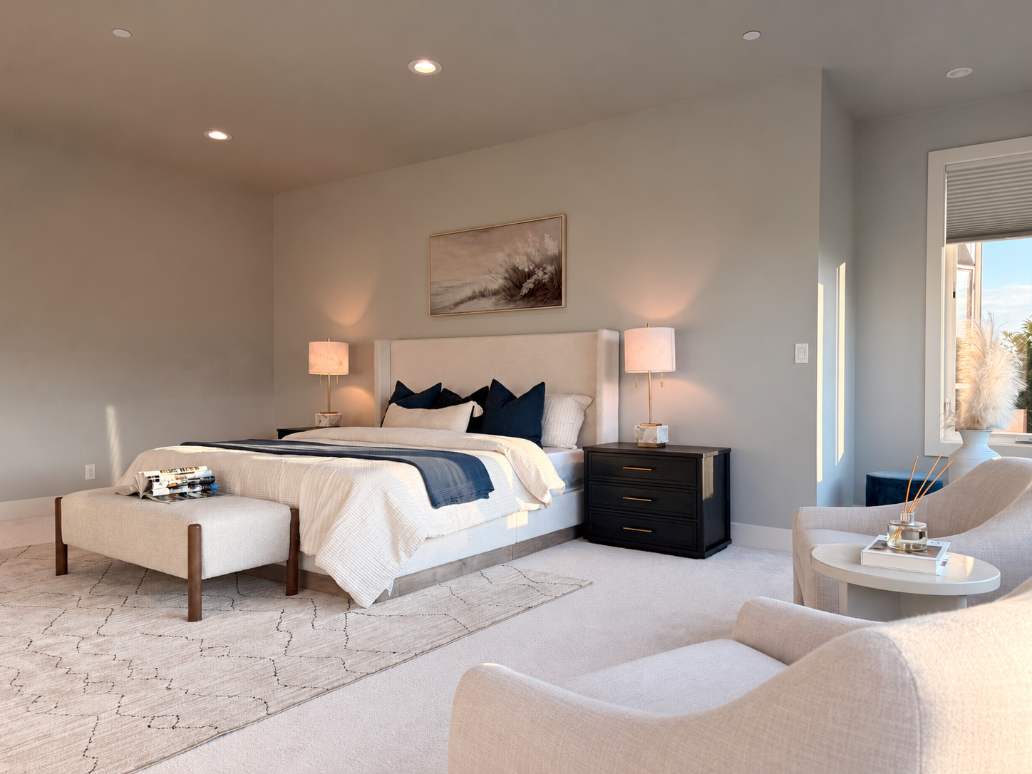 Primary bedroom with pale upholstered bed and navy accents